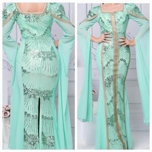 Mint Square Neck, Contrast Sequined, Split Thigh, Long Sleeved,  Mermaid Gown